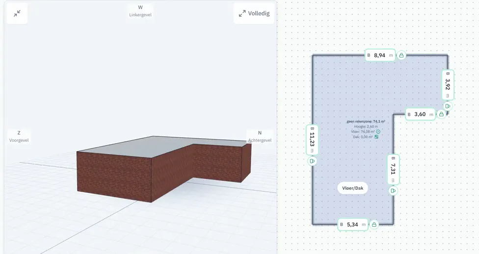 De plattegrond is gesloten en het 3D-blok staat links